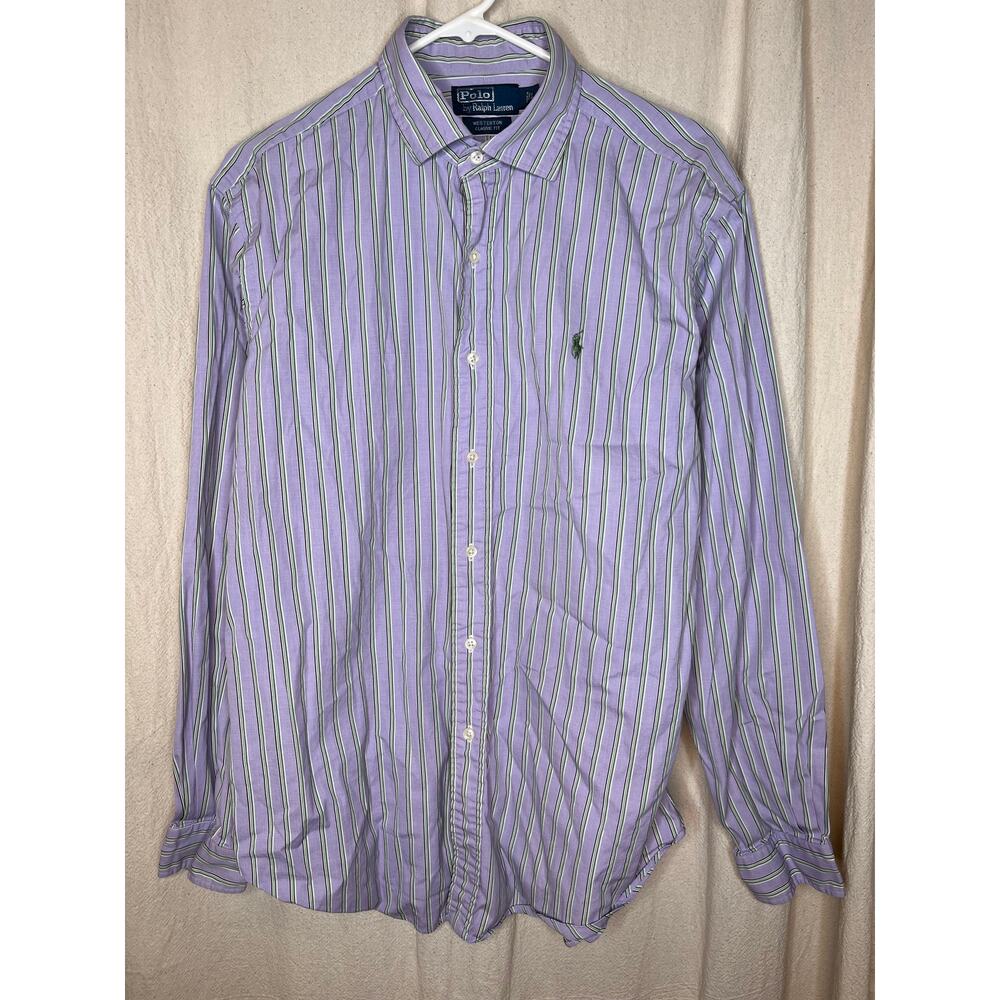 2000s Polo Ralph Lauren Westerton Purple Green Pinstripe Old Money Shirt L